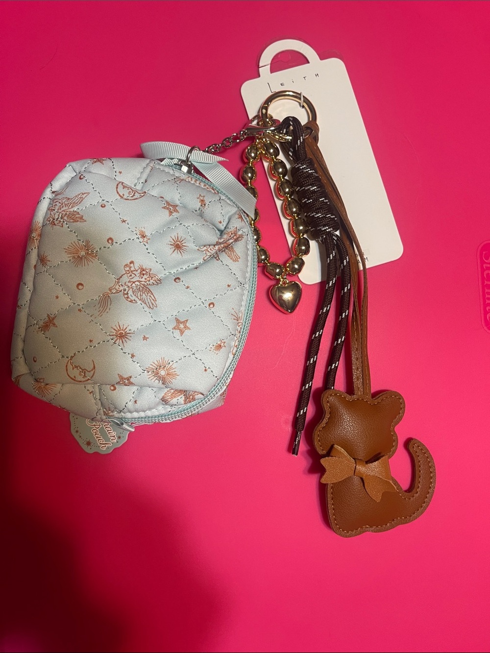 Urban Outfitters Quilted Light Blue Coin Pouch with Brown Cat Keychain